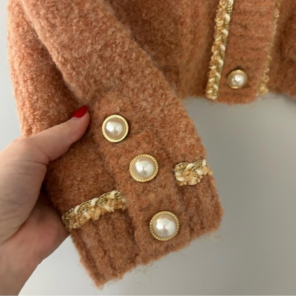 B+AB Orange Gold Pearl Wool Blend Cardigan Sweater - Picture 2 of 8